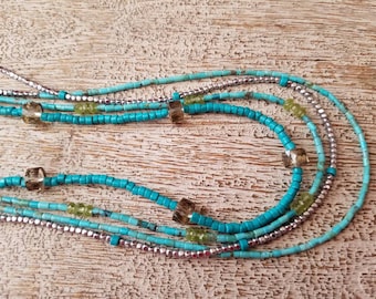 TURQUOISE Multi-strand gemstone NECKLACE: Lapis Lazuli, peridot natural gemstone beads, Organic jewelry, Colorado, Boho style, Southwestern