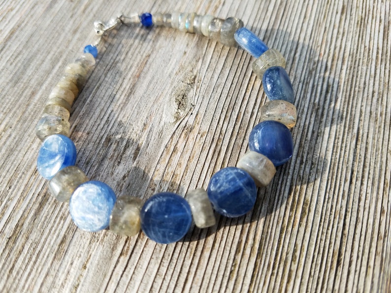 Boho Sundance style organic jewelry. S.S Natural gemstones Royal denim blue KYANITE LABRADORITE BRACELET: bright sky blue