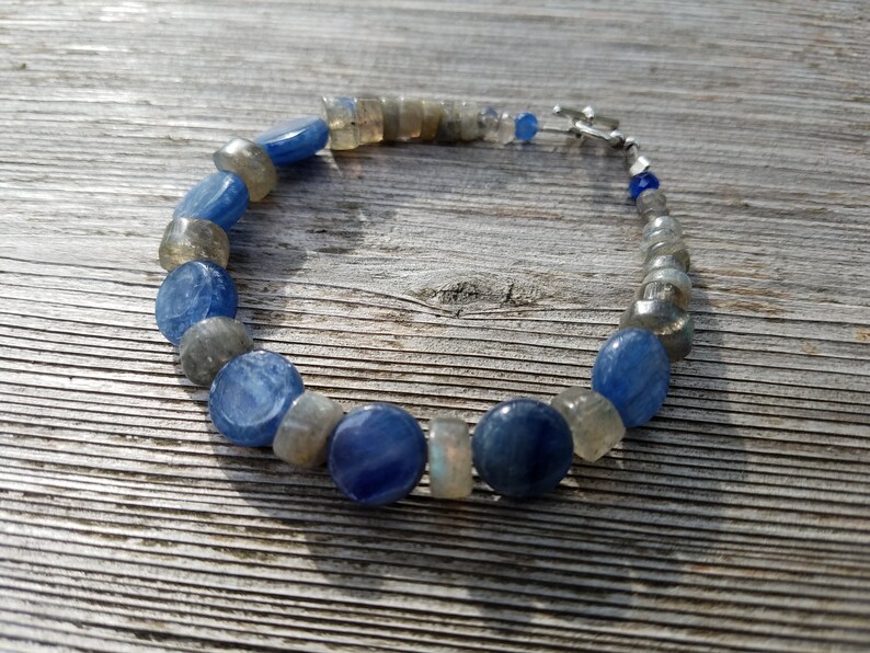 Boho Sundance style organic jewelry. S.S Natural gemstones Royal denim blue KYANITE LABRADORITE BRACELET: bright sky blue