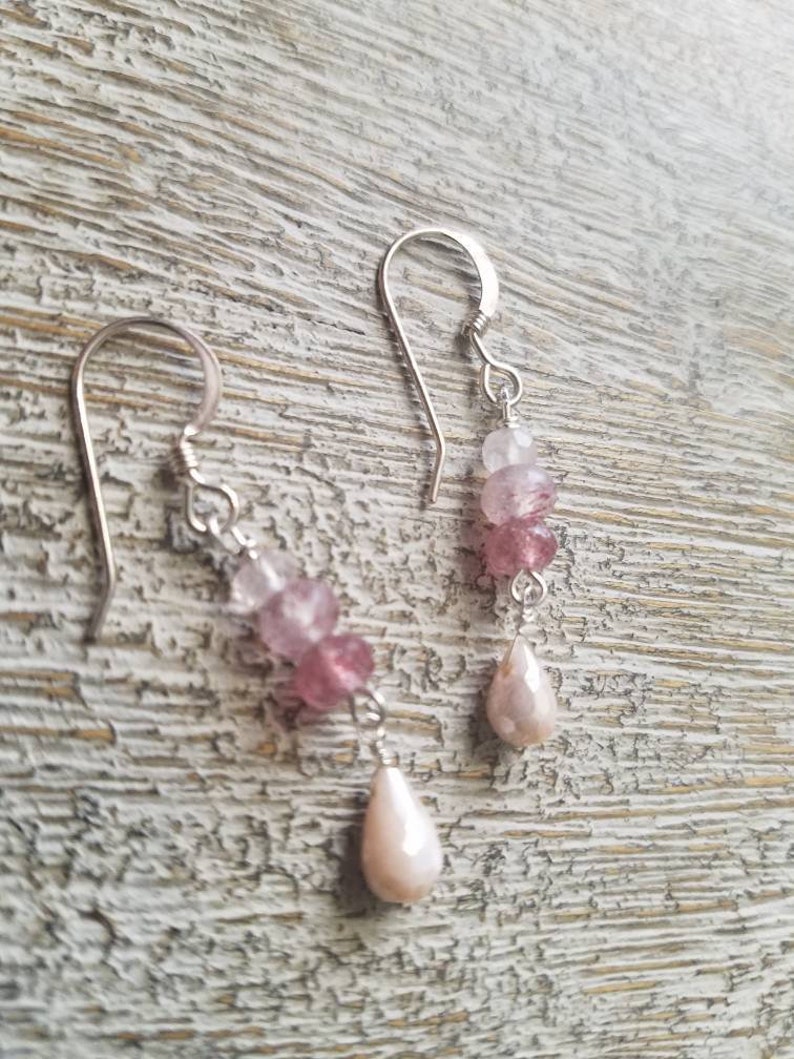 STRAWBERRY QUARTZ chandelier earrings Peach MOONSTONE S.S pink aquamarine accent Boho style organic jewelry Valentine/'s day