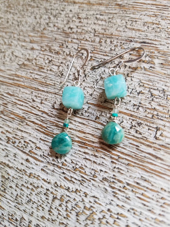 Amazonite Chandelier Earrings. Amazonite Faceted Cube & Briolettes, S.S.  Bright Aqua Color/ Boho Style Organic Jewelry - Etsy