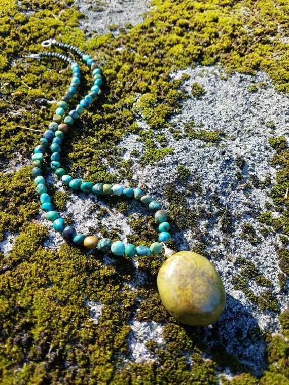 Olive Green TURQUOISE Pendant NECKLACE. Natural Turquoise Gemstone