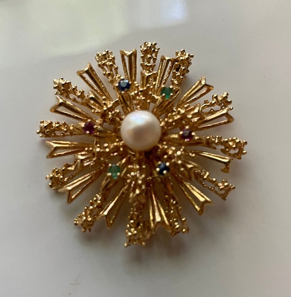 Estate 14KY Gold Star Brooch -Precious Gemstones E