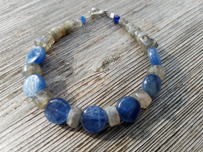 Boho Sundance style organic jewelry. S.S Natural gemstones Royal denim blue KYANITE LABRADORITE BRACELET: bright sky blue