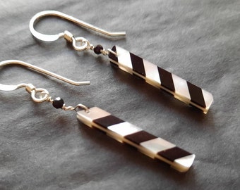 Black & white stripe earrings. Obsidian, Mother of Pearl (MOP), S.S. Natural gemstones, long thin rectangle drop, lightweight