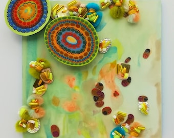 Framed Mixed Media Textile Art in Blue, Green and Orange, with Two Concentric Circles