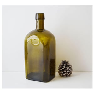 Antique Dark Brownish Olive Green Glass Case Bottle Square 8 1/2&quot; Tall
