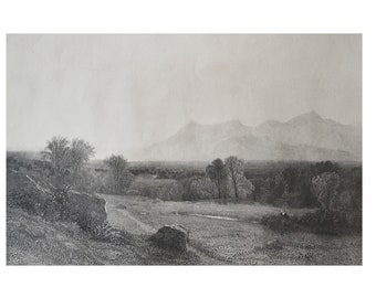May include: A black and white landscape photograph depicting a valley with trees and mountains in the distance. The sky is cloudy and the scene is peaceful.
