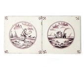 Antique Ceramic Tile, Set of Two, Delft Purple White