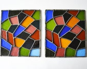 Pair of Stained Glass Window Panels Abstract Modern Design Multicolored Glass FREE SHIPPING