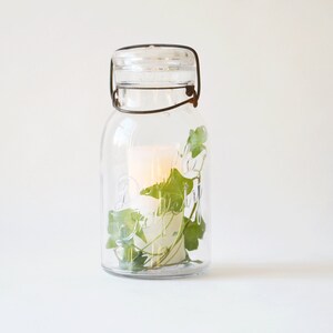 Peut inclure: Un bocal en verre transparent avec une fermeture à baïonnette en fil de fer, contenant une bougie blanche et des feuilles vertes. Le bocal porte l'inscription "Ball" en relief sur le côté.
