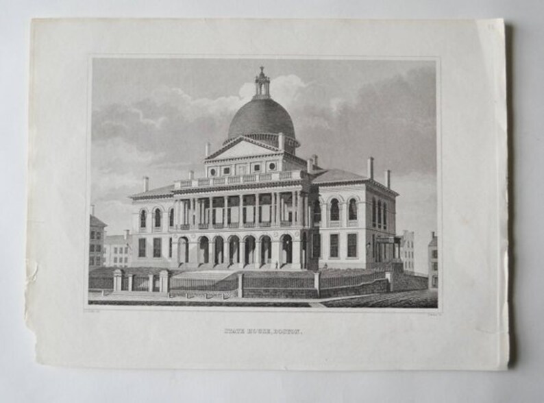 Antique Engraving of State House Boston A Davis J Archer Historic Architecture Charles Bullfinch J