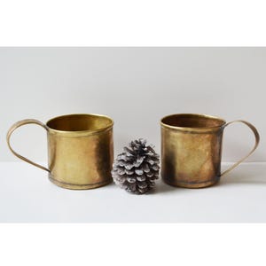 Pair of Vintage Handmade Brass Mugs Cups with Handles 3" Metalware