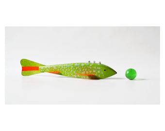 Fish Decoy Green Orange Wood and Metal Lure Fishing Folk Art 