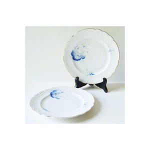 May include: Two white porcelain plates with blue floral designs. The plates have a scalloped edge and are decorated with a delicate floral pattern in shades of blue.