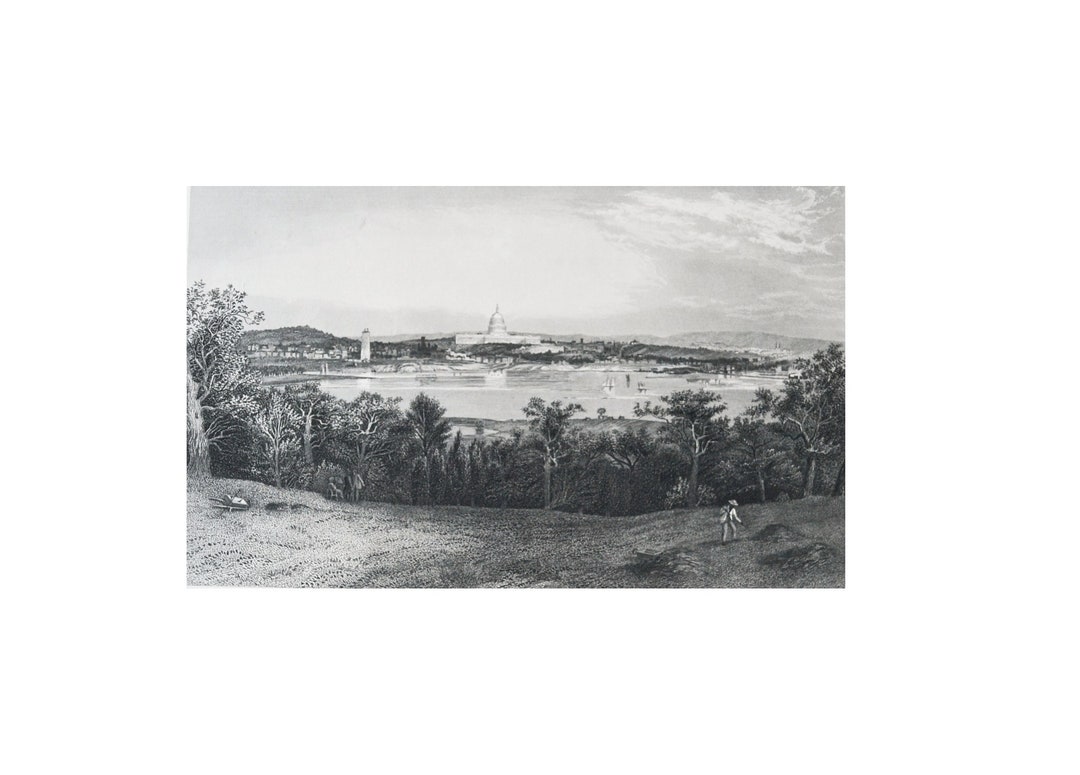 Antique Engraving of Washington From Arlington Heights Picturesque