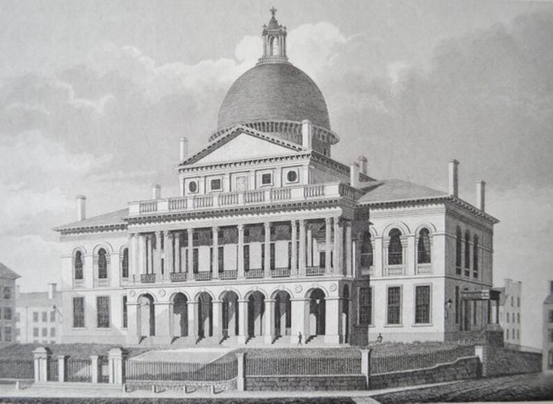 Antique Engraving of State House Boston A Davis J Archer Historic Architecture Charles Bullfinch J