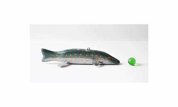 Vintage Fish Decoy Green Silver Paint Wood and Metal Fishing Lure Folk Art  9 