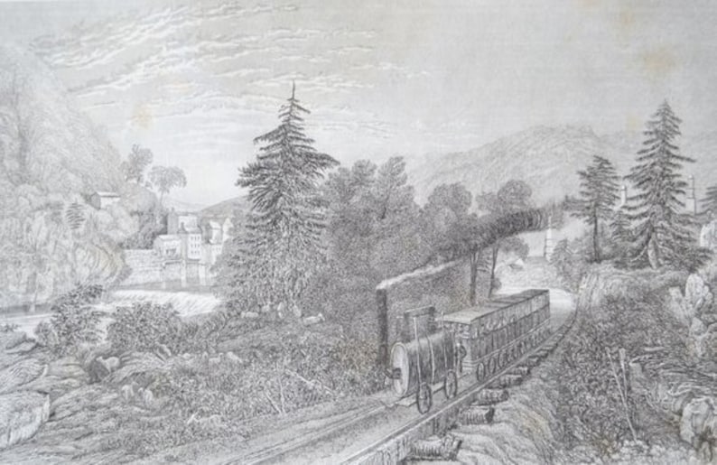 Antique Engraving Railroad Scene Steam Engine Train River Village Falls Mountains Little Falls Mohawk Valley American Scenery FREE SHIPPING