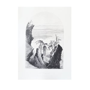 May include: Black and white landscape print featuring a mountain scene with trees and a distant view. The artwork is framed by an arch, with text at the bottom. The print is on a white background.