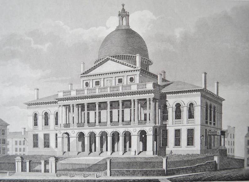Antique Engraving of State House Boston A Davis J Archer Historic Architecture Charles Bullfinch J