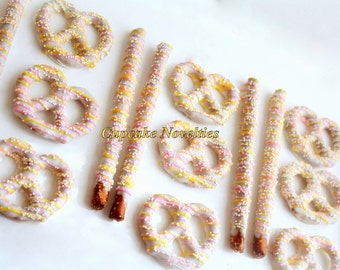 Pink Yellow White Chocolate Dipped Pretzels Birthday Baby Shower Favors Kitty Birthday Spring Cookies Pastel Colors Spring Bridal Shower