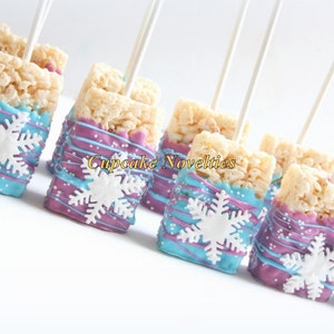 Snowflake Birthday Snowflakes Chocolate dipped Rice Krispie Treats Winter Snowflake Rice Krispie Winter Wonderland Winter Party Favor image 3