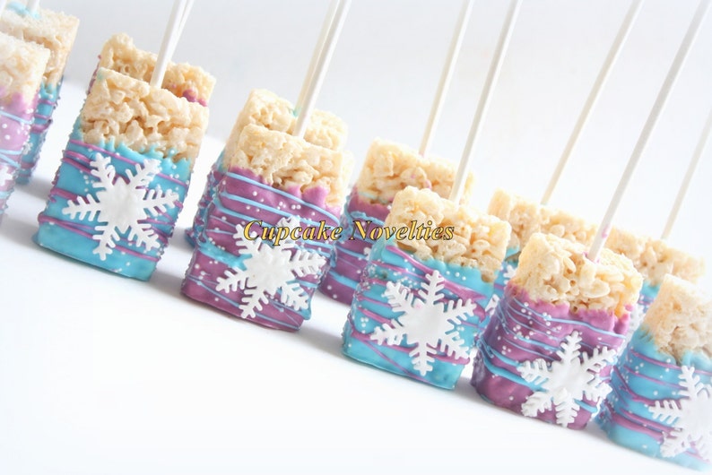 Snowflake Birthday Snowflakes Chocolate dipped Rice Krispie Treats Winter Snowflake Rice Krispie Winter Wonderland Winter Party Favor image 3