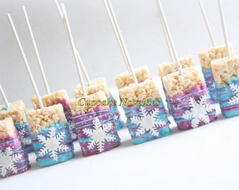 Snowflake Birthday Snowflakes Chocolate dipped Rice Krispie Treats Winter Snowflake Rice Krispie Winter Wonderland Winter Party Favor