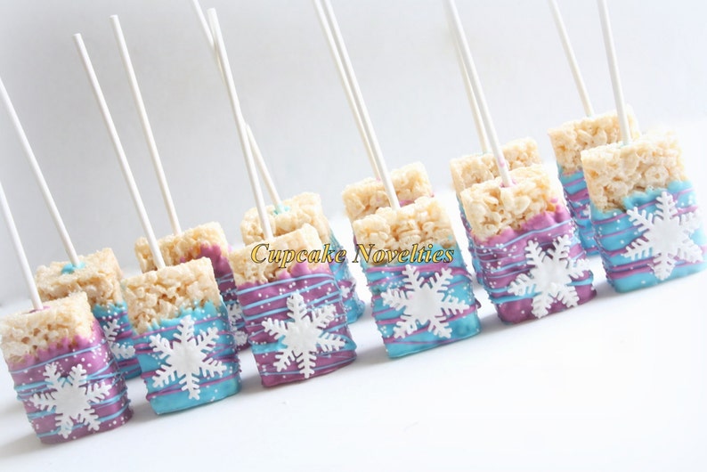 Snowflake Birthday Snowflakes Chocolate dipped Rice Krispie Treats Winter Snowflake Rice Krispie Winter Wonderland Winter Party Favor image 1