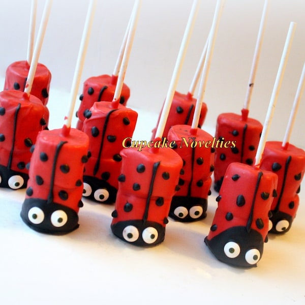 Ladybug Birthday Party Favors Dessert Chocolate dipped Marshmallows Pops Valentine's Day Edible Favor Cookies Ladybug Baby Shower Cute Ideas