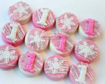 Winter Wonderland Birthday Snowflake Birthday Party Snowflake Cookies Chocolate Oreos Pink Silver White Winter Wonderland Baby Shower Favor