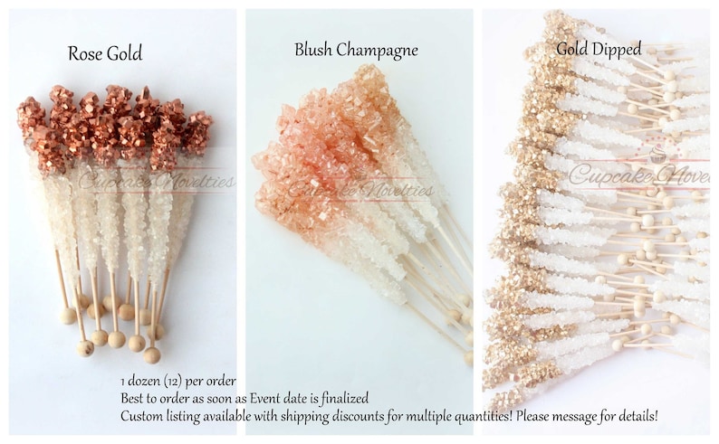 May include: A dozen rock candy sticks on wooden skewers with a gold, rose gold, or blush champagne colored sugar coating.  1 dozen (12) per order. Best to order as soon as the event date is finalized. Custom listing available with shipping discounts for multiple quantities! Please message for details!