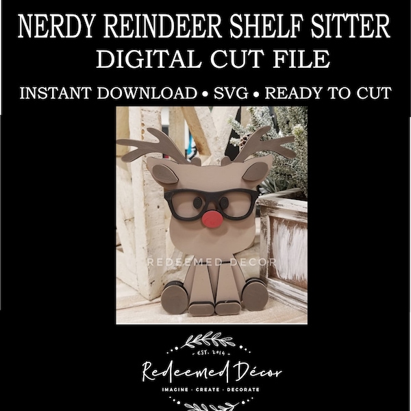 Nerdy Reindeer | Glasses | Shelf Sitter| Digital File | Wood Sign | Christmas Decor | SVG File | Laser Cut File |