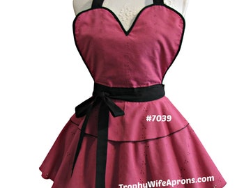 7039 Raspberry Pink Eyelet Apron, pinup apron, sexy apron, flirty apron, sexy retro apron, hostess apron,retro style apron,dress style apron