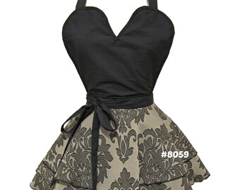 8059 Damask dress style apron pinup apron, sexy apron, flirty apron, cute apron, hostess apron, retro apron, apron for woman, tablier retro