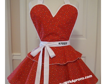 7027 Red Dress Style Apron, pinup apron, sexy apron, flirty apron, sexy retro apron, hostess apron, cute apron, vintage apron for woman