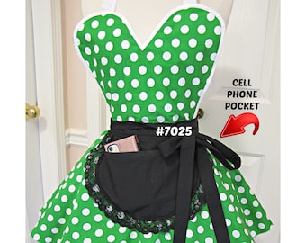 7025a Green polka dot retro apron with CELL PHONE POCKET, pinup apron, flirty apron,sexy retro apron, hostess apron, dress style apron,apron