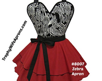 8007  Zebra Retro Apron, pinup apron, sexy apron, flirty apron, hostess apron, ruffle apron, apron 70s style, dress style apron, apron