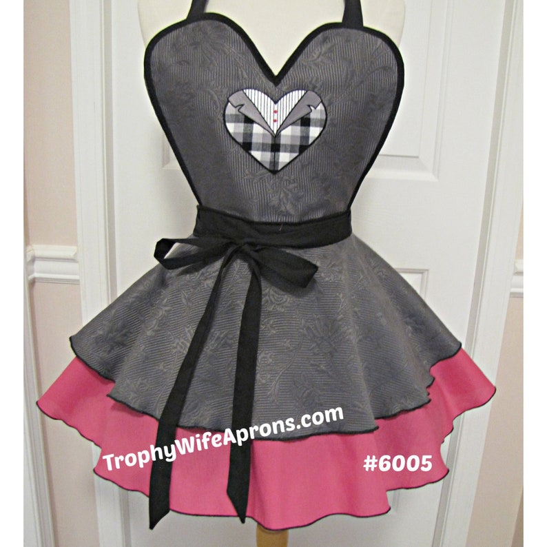 6003 Gray and Raspberry Pink Dress Style Apron, pinup apron, sexy apron, vintage apron for woman, retro style apron,hostess apron,apron sexy image 1