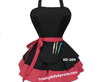 hd-304 Raspberry PINK & Black Waterproof and BLEACH RESISTANT Hairstylist Dog Groomer Apron