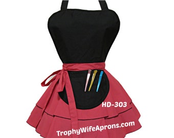 hd-303 Raspberry PINK & Black Waterproof and BLEACH RESISTANT Hairstylist Dog Groomer Apron