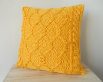 PDF pattern for yellow cable knitted cushion cover, knit instruction for cushion, DIY decorative cushion, tutorial for knitted throw pillow