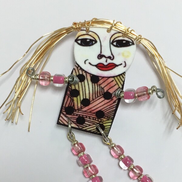 Art Doll Pin with Long Gold Straight Hair Wearable Jewelry Drawing by Jennifer Obertin OOAK - Fun Gift