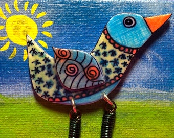 3 Dimensional Bird on a hand painted canvas background - 2 in 1 Art - Removable Whimsical Bird Pin - Small Canvas Art Painting