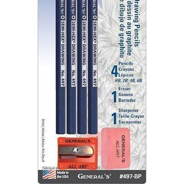 Generals Semi-Hex Graphite Drawing Pencil Set 4 Pencils, 1 Eraser, 1 Sharpener HB 2B 4B 6B Basic Art Sketch Draw Shade Stocking stuffer gift