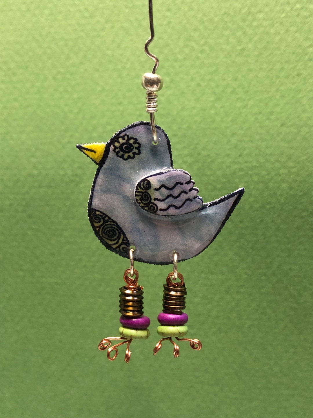 Whimsical Bird Ornament Pen and Ink Mixed Media Hanging Art Etsy