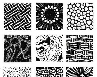 12 Deep Etched Unmounted Texture Rubber Stamps Designs for stamping Paper, Clay, Fabric and more! 1-1/2" Squares