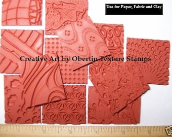 Texture Rubber Art Stamp Grab Bag 12 Deep Etched Designs for Clay, Paper or Fabric Stamping