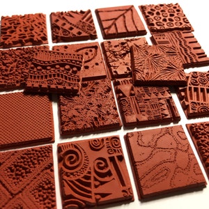 18 assorted 1" Deep Etched Texture Rubber Art Stamps Flexible Vulcanized Unmounted Designs for Clay, Paper, Polyshrink, Solder, and Fabric